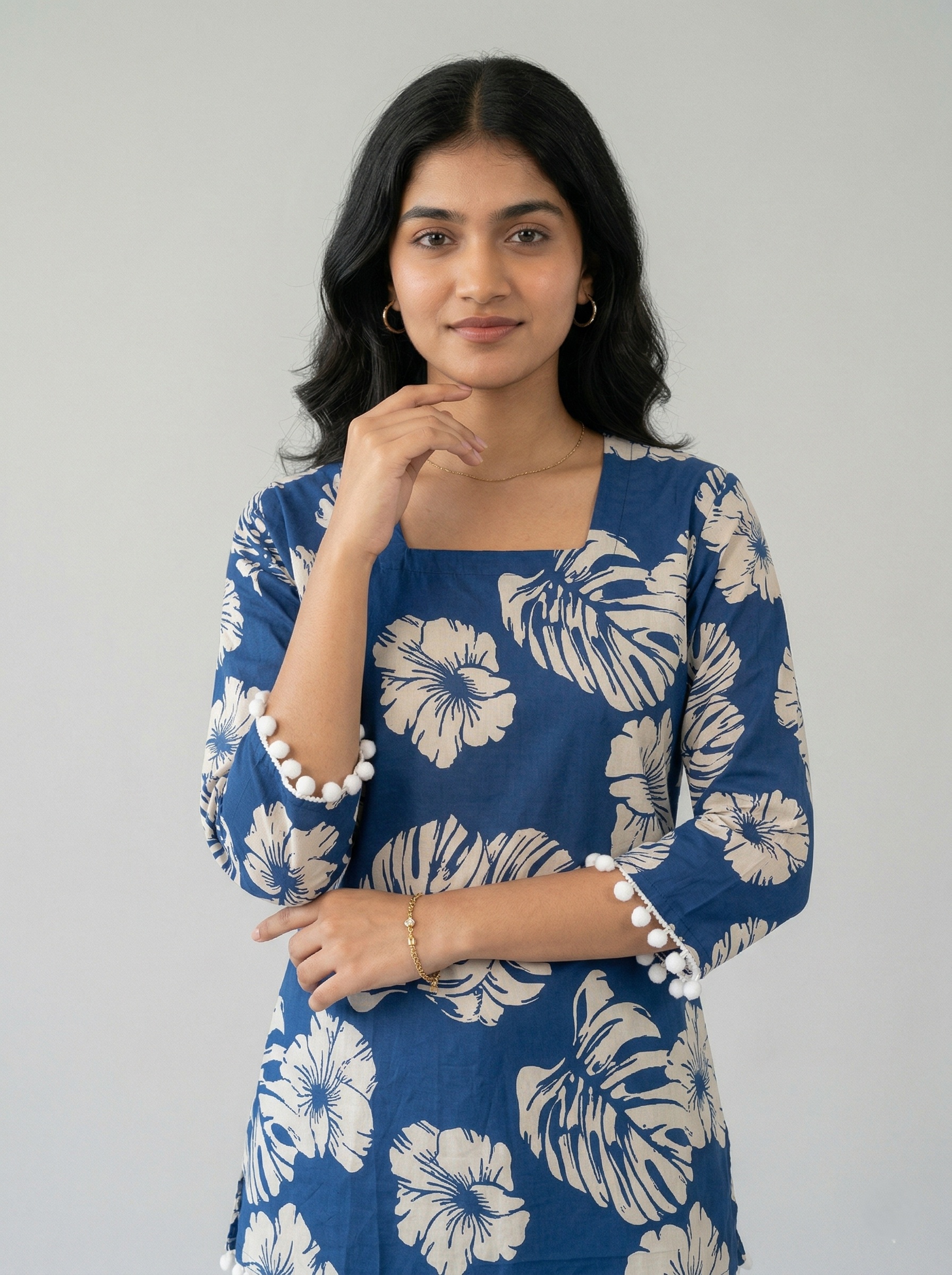 Floral Print Kurti Blue with Off-White Floral Print