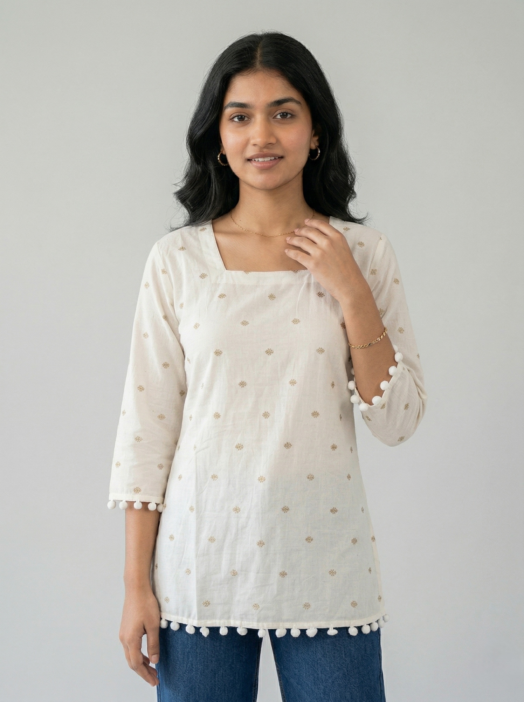 Off-White base with Blue Floral Printed Tunic Top