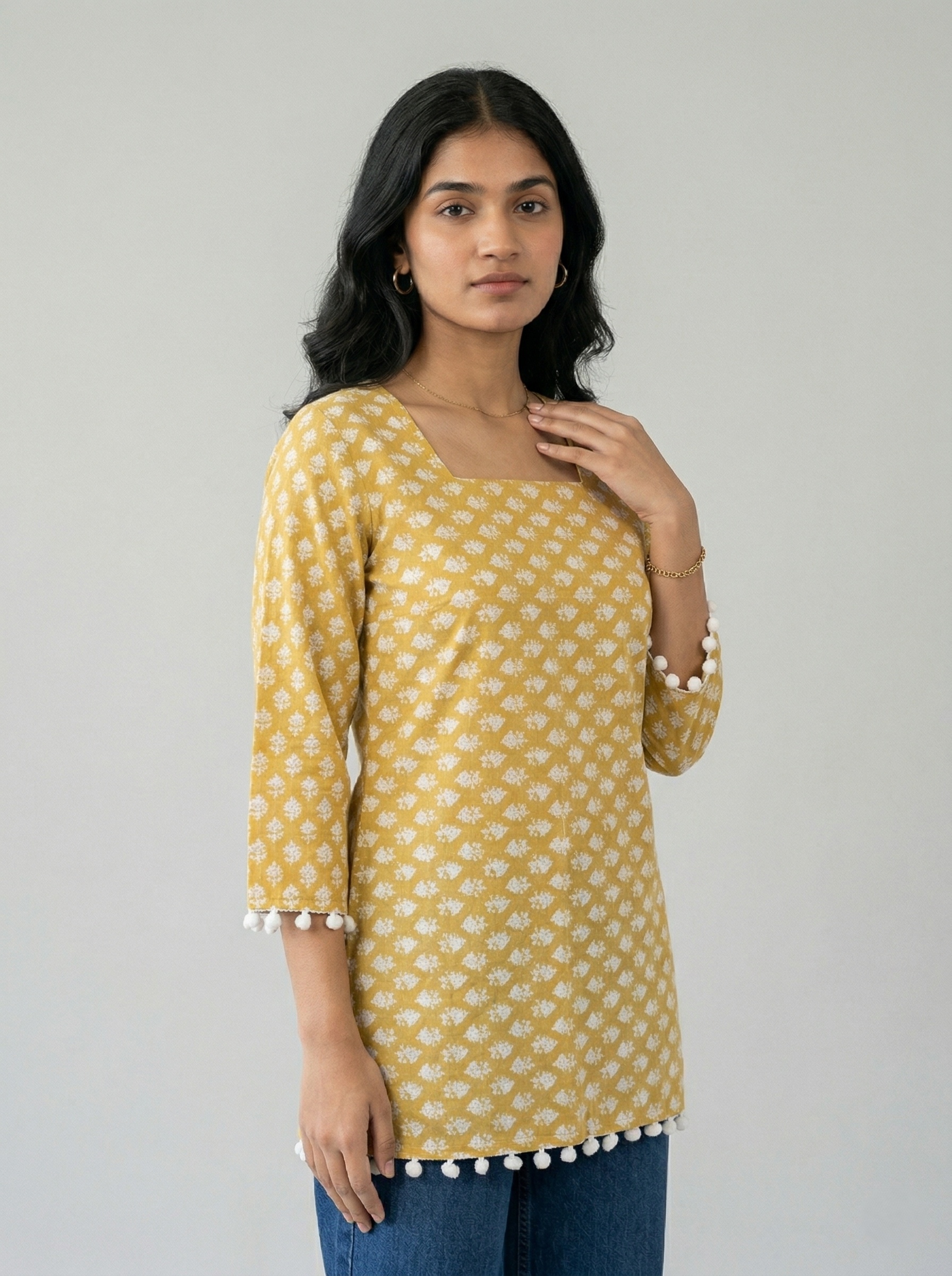 Yellow with White Print Mustard Printed Straight Kurti 