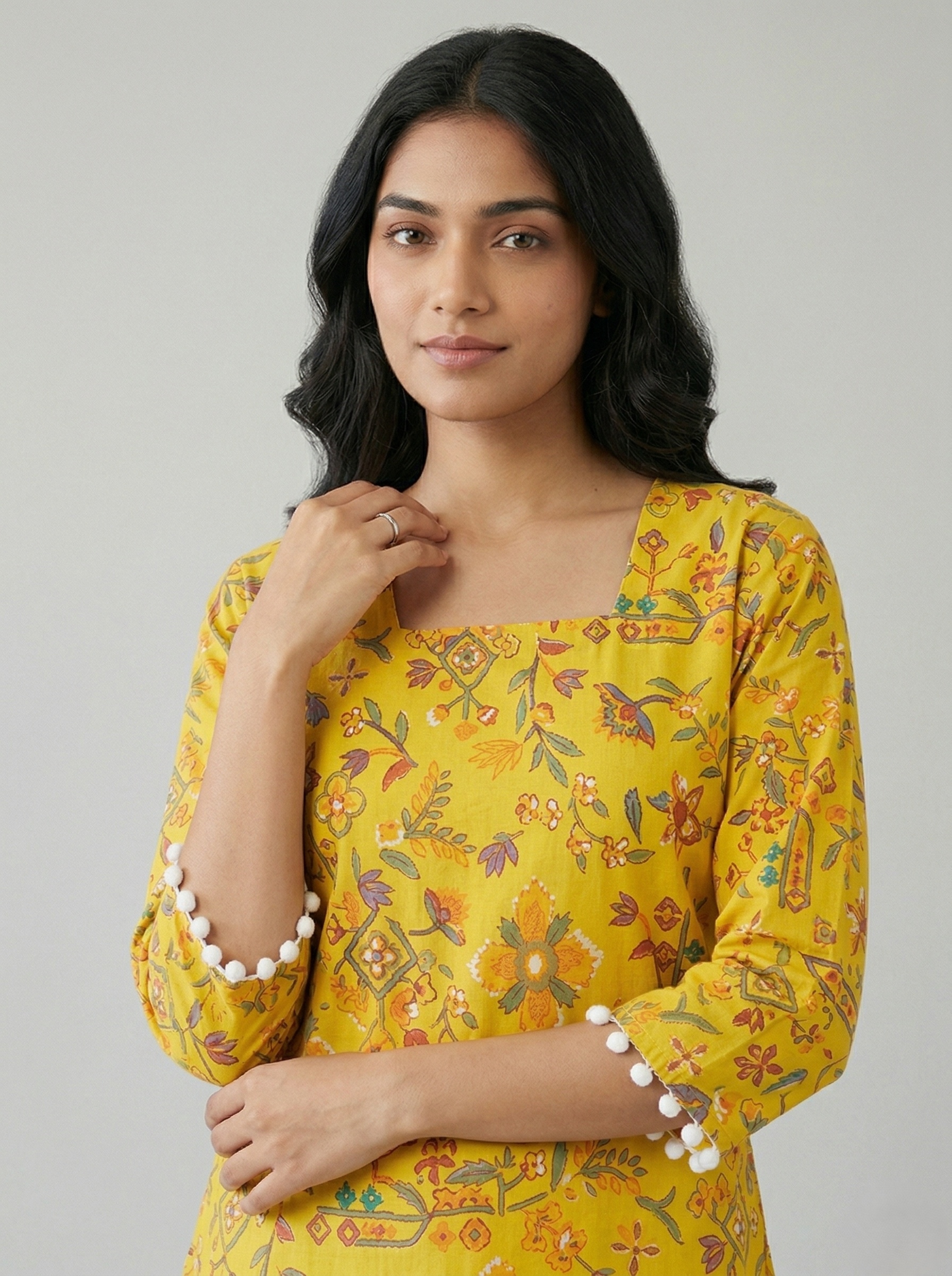 Yellow Floral Printed Cotton Short Kurti