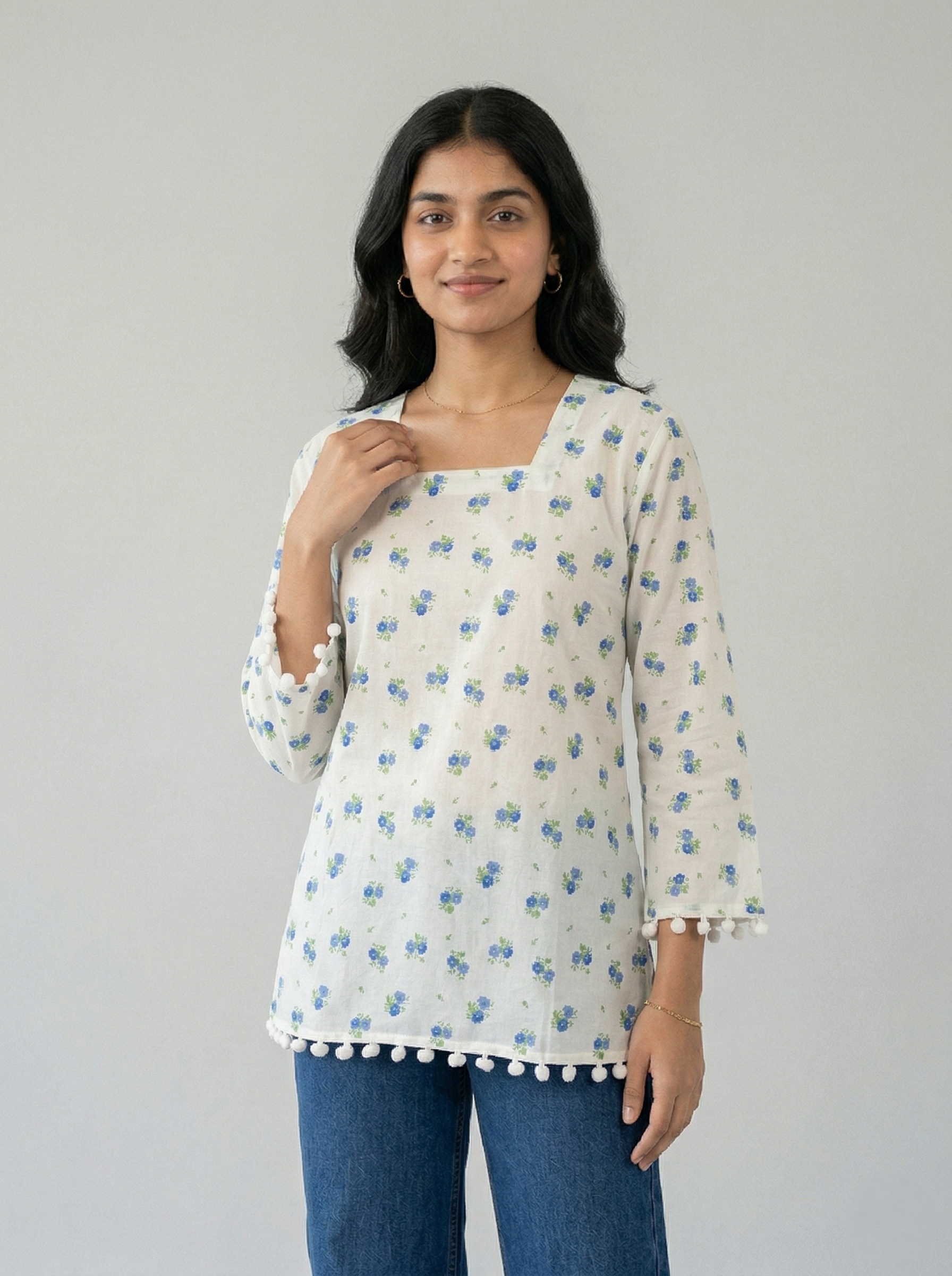 white short kurti  blue floral print