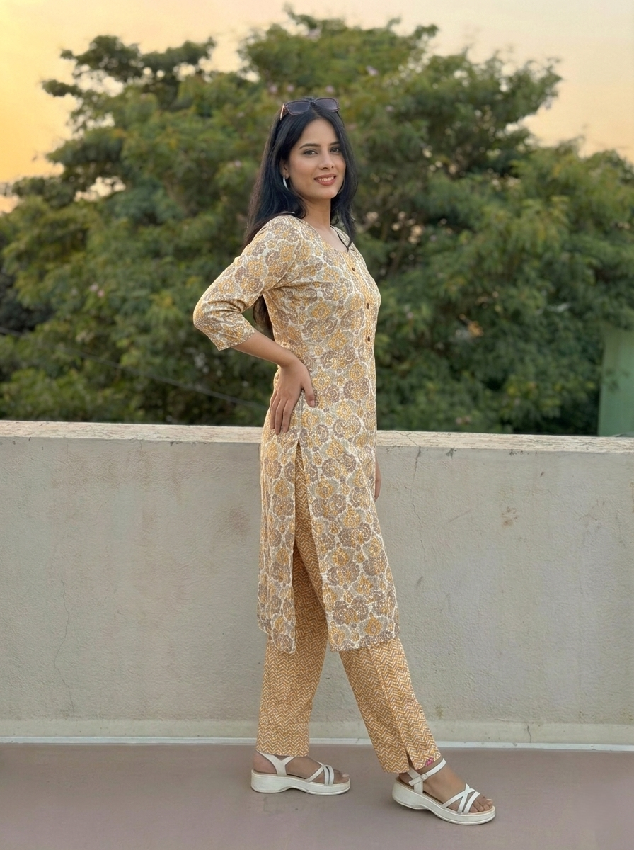 gold color with a cream or light gold floral or brocade-style print